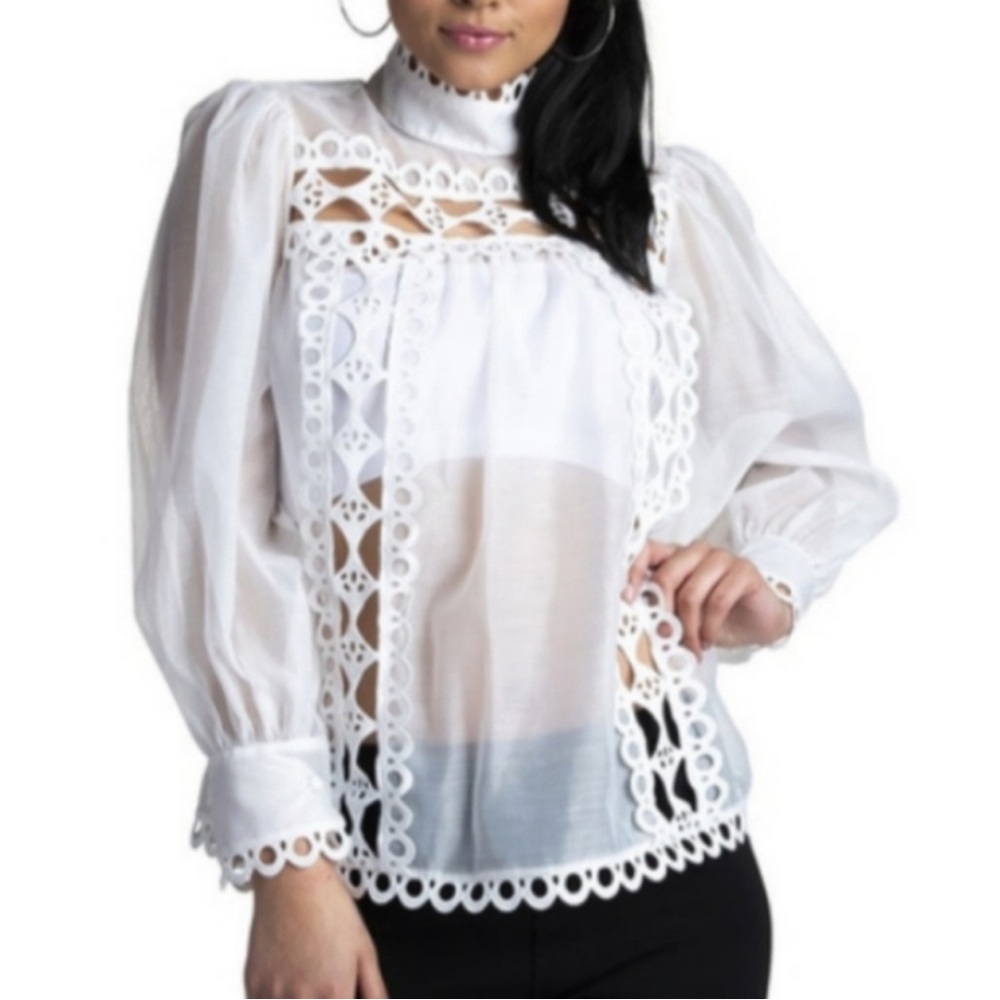 CLOSETTE CHIC NWT White Embroidered Cutout Eyelet Sheer Long Sleeves Blouse Sz M